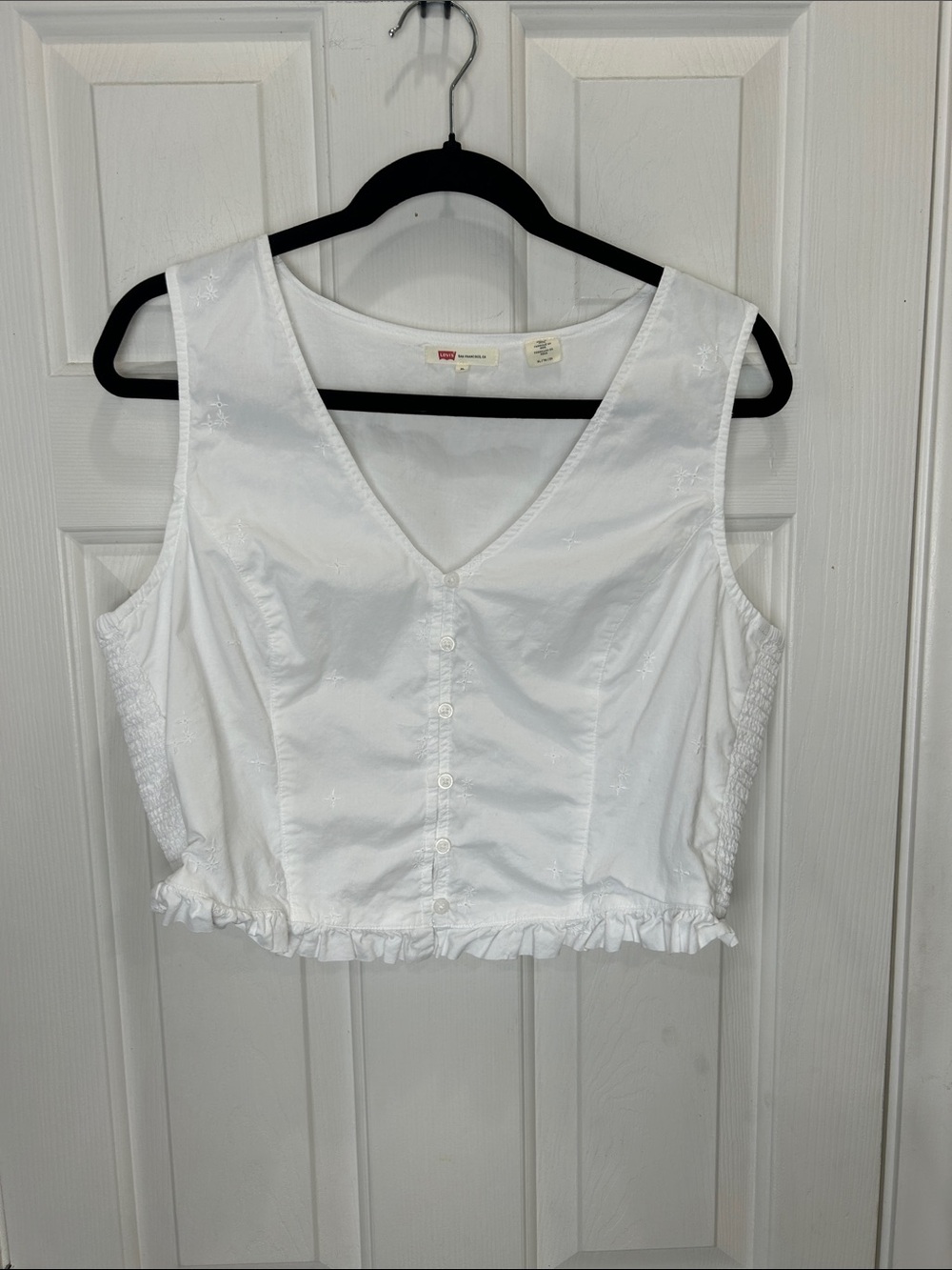 Levi's White Embroidered Button-Front Cotton Crop Top Smocked Sides Size XL